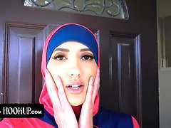 Watch this petite Hijab babe pay her rent with her tight pussy