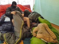 Mega-puffed down jacket in outdoor bukkake, gang-bang, and gloryhole action