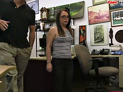 Pawnshop babe sucks and rides owner POV in his office