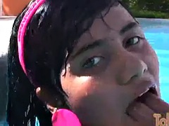 Tobie teen masturbates outdoors by the pool