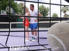 Stepbro Spyfam teaches step sister tennis & gives her a massive dick