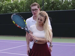 Sweet blonde sucked her tennis teacher's dick