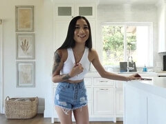 Sexy girl in denim shorts is pretty much ASKING FOR IT