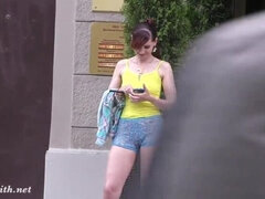 Jeny Smith walks in public with transparent shorts. Real flashing moments