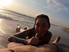 Real couple having fun at the nude beach. Sexy wet blowjob