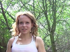 Redhead Rebeca gets naked for a fuck with facial in the woods