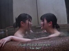 Japanese lesbian college friends come out to each other in the bathhouse