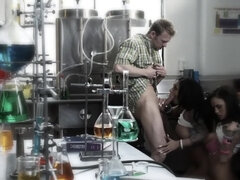 Two naughty brunette's are blowing their chemistry professor