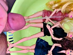 Small penis cums and pisses on Barbie dolls - Golden shower on dolls