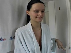 German sweetie with perky tits gets her face sprayed with hot cum