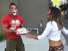 Muscular buddy gets retribution on babe who spoiled his cake