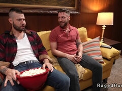 Gay blowjob and anal sex on sofa