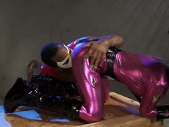Girl in latex suit is dicked down by two gifted fellows