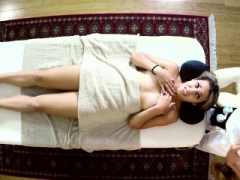 Massage gal pussypounded by masseur on table