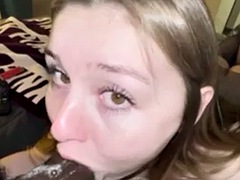 Pretty teen gives sloppy blowjob with BBC and deepthroat