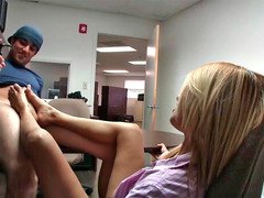 Experienced blonde Penelove gives a hot footjob to a hot fella