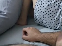 Shameless stepson sits on the bed naked near his stepmom with his cock out