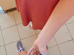Sexy neighbor in an outdoor place wanted to have my cum in her panties. Risky handjob and blowjob