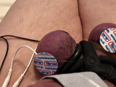 Estim hands-free orgasm with tied balls