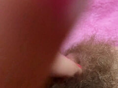 Pulsating clitoris orgasm close up masturbation and grool play with hairy pussy - Solo girl