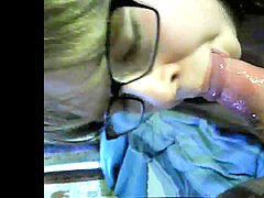 lovely plump lady with glasses giving blowjob POV