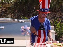 Hot big boobie milf Ariella Ferrera & her step daughter Jennifer Jacobs have threesome with new step stepson in front of spouse during 4th of july