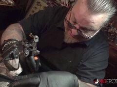 Marie Bossette endures painful leg tattoo at tough tattoo shop
