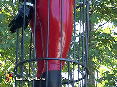 spandex bondage nymph jewell encaged and stored in silo