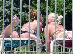 1 of trio Candid bathing suit butt Tanning Pool Selfie Blonde Redhead