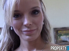 Petite blonde real estate agent in stockings films herself fucking a stranger outside