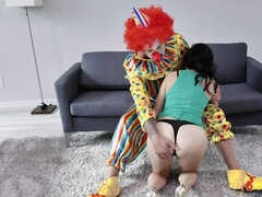 Clothed clown fucks the brunette MILF as an apology for lateness