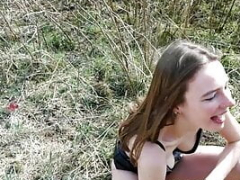 German slim Student teen make piss games outdoor in forest