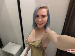 Trying out sexy outfits in the mall fitting room and teasing you to jerk off