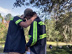 Redneck buds fuck each other after work in their truck