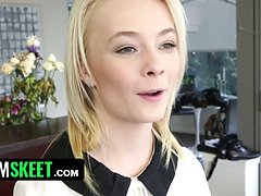 Watch this tiny blonde babe take a huge cock deep in her throat and pussy