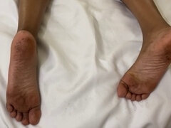 Black girl's messy feet get fucked by milky man while she masturbates