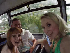 Anna Darling and Lola Gatsby take turns on huge cock in the bus