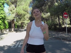 Jogging blonde whore with big natural knockers needs a big pecker