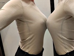 Trying on transparent clothes in the fitting room and masturbating with a strong orgasm