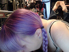 Dildo deepthroat, piercings, purple hair