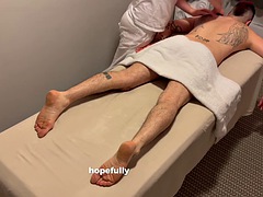 Construction worker receives the deepest massage possible from a young masseuse