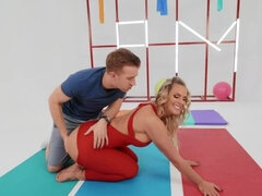 Big-cocked fitness coach fucks the curvy lady in red attire