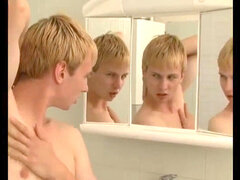 jiggly blonde Twink Boy Cum in the shower