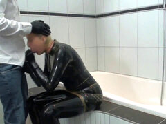two Rubber Layers dark-hued And Transparent Latex Catsuit Blowjob And urinating