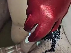 Submissive big ass slut fucked with DP and bukkake covered in cum in wax play BDSM cock 30cm