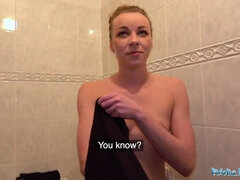 Blonde Czech babe gets her tight pussy stretched in public toilet and takes multiple orgasms