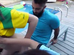 Naughty teen besties giving a nice sloppy blowjob and get fucked by their soccer coach by the poolside outdoors