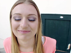 Blue eyed slim blonde gives amazing handjob