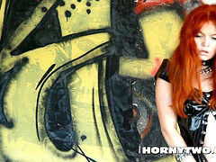 Gothic Halloween red-haired hairy teenage breezy posing outdoors