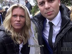 Hot blonde MILF with debts gets rough fucked by lucky guy in Debt4k video